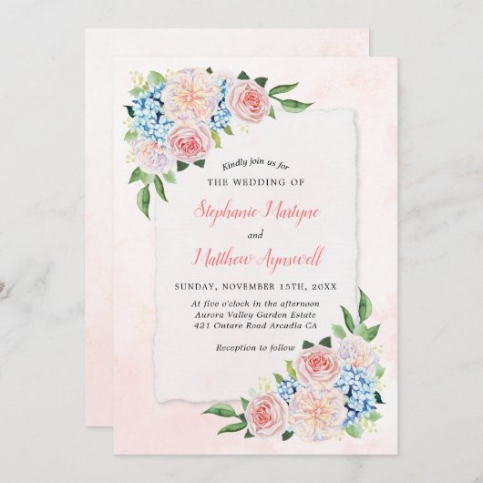 Stoffig Roze Blauw Hydrangea Bloemen Botanische Br Kaart (Voorkant / Achterkant)