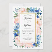 Stoffig Roze Blauw Waterverf Bloemen Goud Bruiloft Kaart (Voorkant)