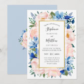 Stoffig Roze Blauw Waterverf Bloemen Goud Bruiloft Kaart (Voorkant / Achterkant)