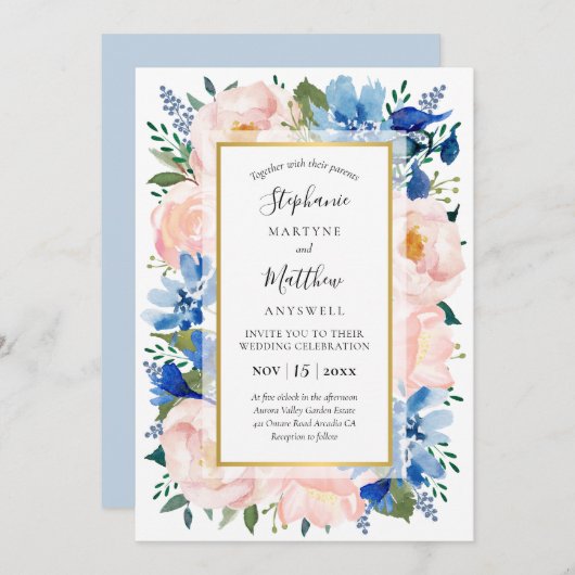 Stoffig Roze Blauw Waterverf Bloemen Goud Bruiloft Kaart (Voorkant / Achterkant)