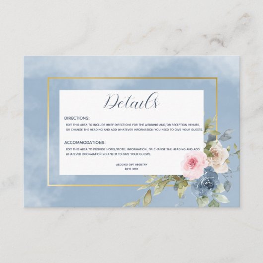 Stoffig Roze Blauw & Wit Rozen Bruiloft Details Informatiekaartje (Voorkant)