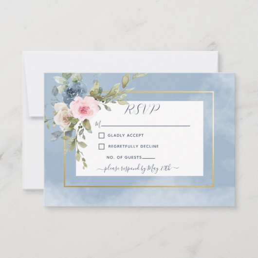 Stoffig Roze Blauw & Wit Rozen Bruiloft RSVP Kaartje (Voorkant)