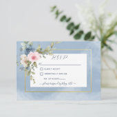 Stoffig Roze Blauw & Wit Rozen Bruiloft RSVP Kaartje (Staand voorkant)
