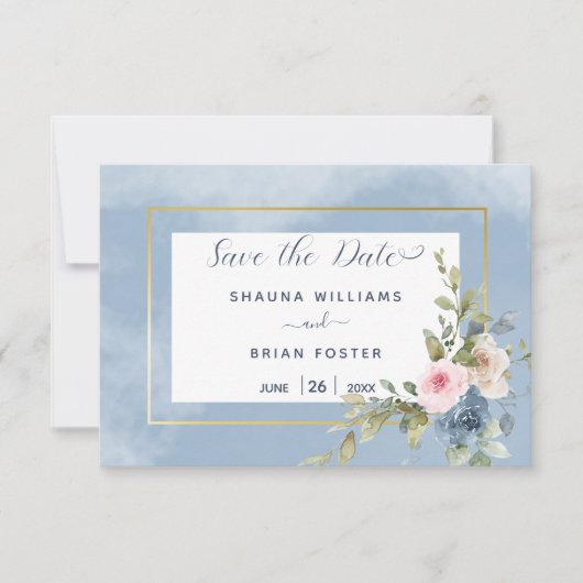 Stoffig Roze Blauw & Wit Rozen Bruiloft Save The Date (Voorkant)