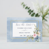 Stoffig Roze Blauw & Wit Rozen Bruiloft Save The Date (Staand voorkant)