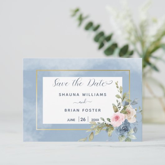 Stoffig Roze Blauw & Wit Rozen Bruiloft Save The Date (Staand voorkant)