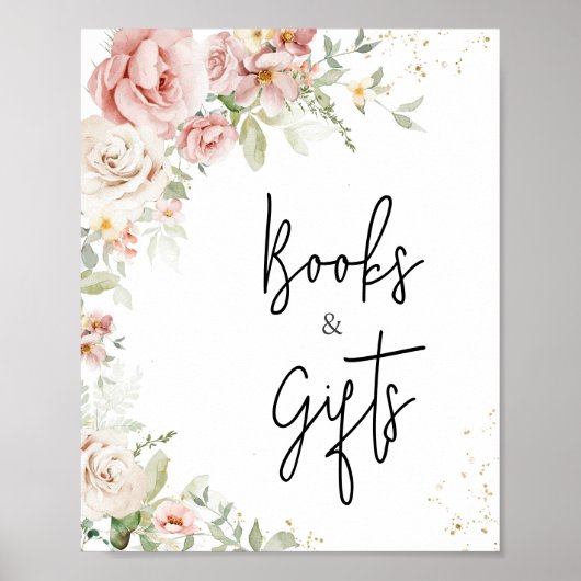 Stoffig Roze Bloemen Baby shower Boeken en Geschen Poster (Voorkant)