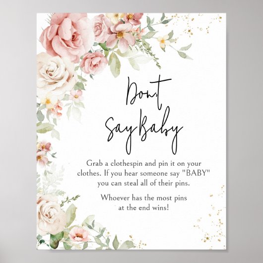 Stoffig Roze Bloemen Baby shower Zeg geen Baby Poster (Voorkant)