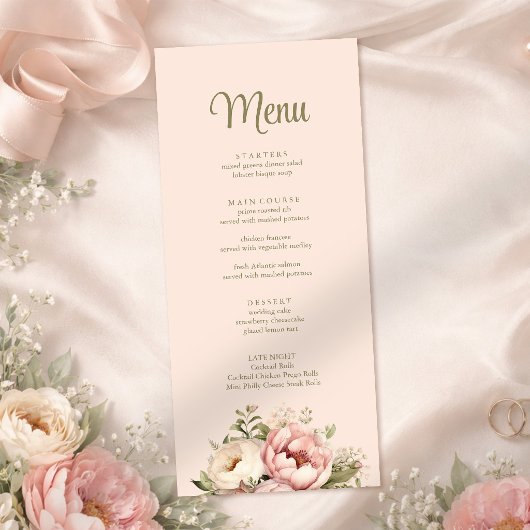 Stoffig Roze Bloemen Bruiloftsmenu Menu