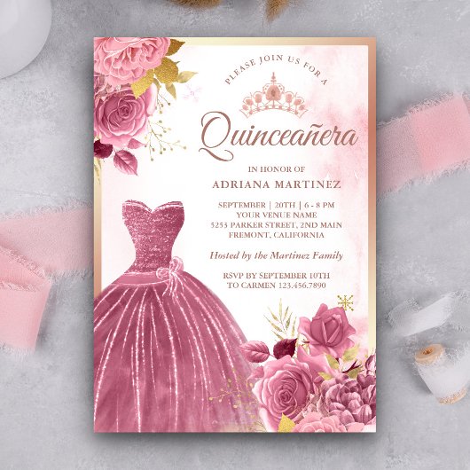 Stoffig Roze Bloemen Gown Roos Goud Quinceanera Kaart