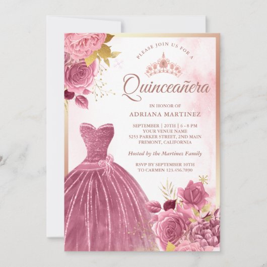 Stoffig Roze Bloemen Gown Roos Goud Quinceanera Kaart (Voorkant)