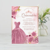 Stoffig Roze Bloemen Gown Roos Goud Quinceanera Kaart (Staand voorkant)