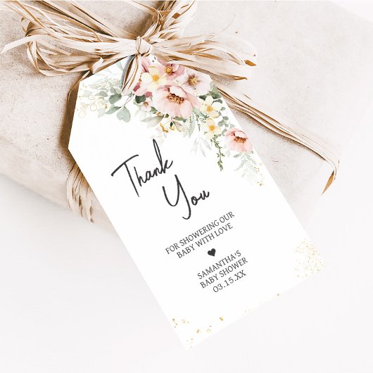 Stoffig Roze Bloemen Greenery Baby shower Favoriet Cadeaulabel