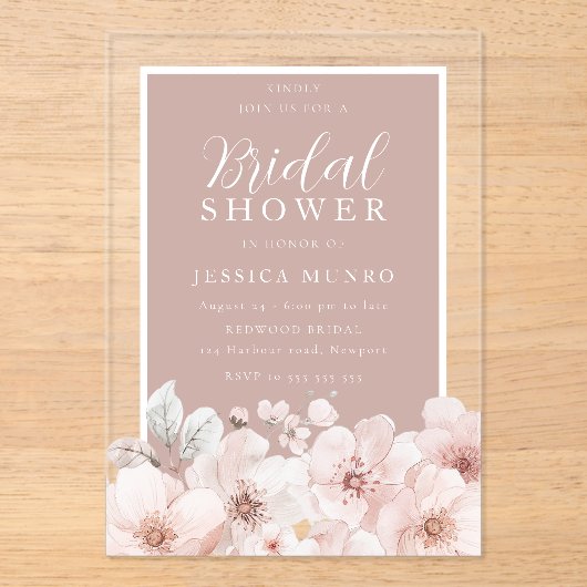 Stoffig Roze Bloemen Waterverf Lijst Vrijgezellenf Acryl Uitnodigingen (Voorkant)