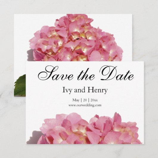 Stoffig roze bloemig Roos hortensia Save The Date (Voorkant / Achterkant)
