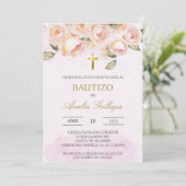 Stoffig roze bloemig Spaans doopsel Uitnodiging (Staand voorkant)