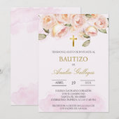 Stoffig roze bloemig Spaans doopsel Uitnodiging (Voorkant / Achterkant)