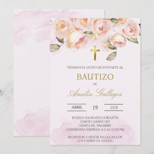 Stoffig roze bloemig Spaans doopsel Uitnodiging (Voorkant / Achterkant)