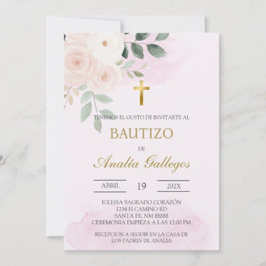 Stoffig roze bloemig Spaans doopsel Uitnodiging (Voorkant)