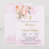 Stoffig roze bloemig Spaans doopsel Uitnodiging (Voorkant / Achterkant)