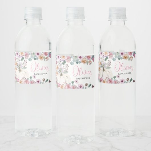 Stoffig roze bloemig wit pompoen Baby shower Waterfles Etiket (Flessen)
