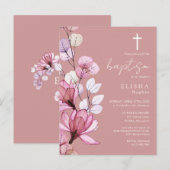 Stoffig Roze Bloemige Monogram Doop Uitnodiging (Voorkant / Achterkant)