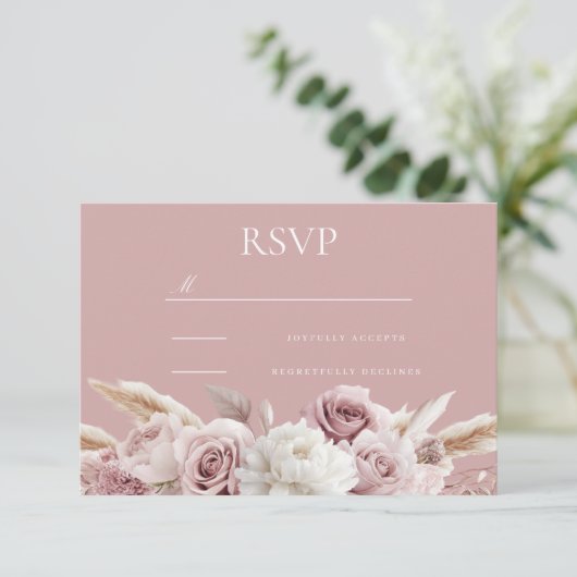 Stoffig Roze & Blush Roos Bloemen Huwelijk RSVP Kaartje (Staand voorkant)