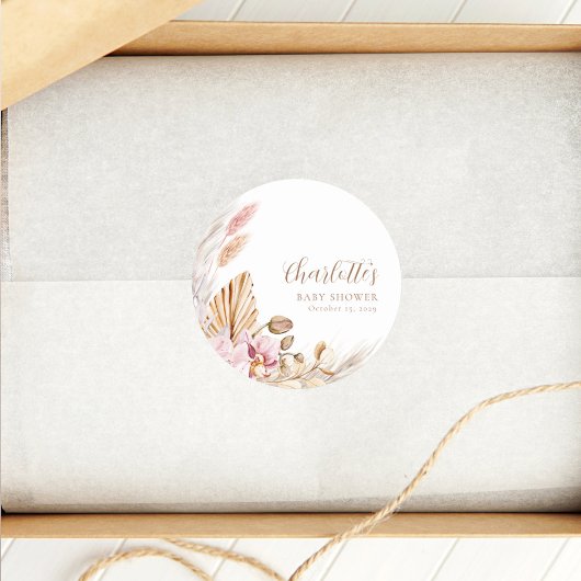 Stoffig Roze Boheems Pampasgras | BABY SHOWER Ronde Sticker