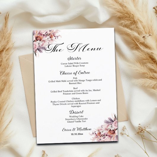 Stoffig Roze Boho Bloemen 5x7'' Trouwmenu Menu