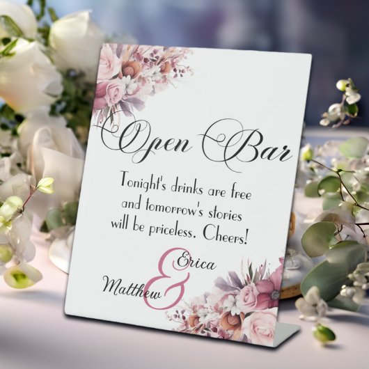 Stoffig Roze Boho Bloemen Open Bar Trouwen Reclamebord Met Voetstuk