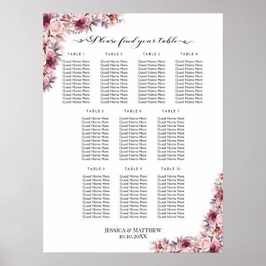 Stoffig Roze Boho Floral 10 Tafels Trouwstoelen Poster (Voorkant)