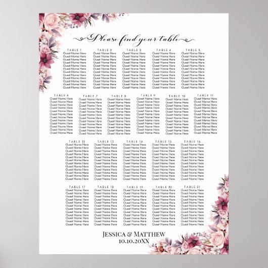 Stoffig Roze Boho Floral 21 Tafels Trouwstoelen Poster (Voorkant)