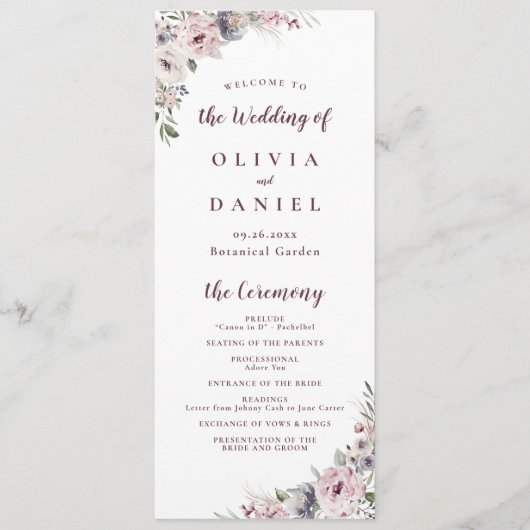 Stoffig roze boho florale rustieke bruiloft progra menu (Voorkant)