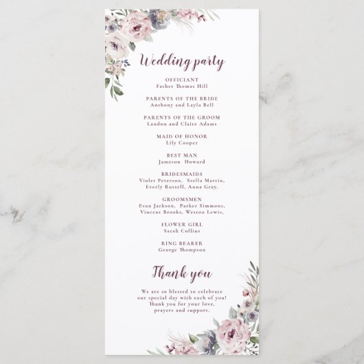 Stoffig roze boho florale rustieke bruiloft progra menu (Achterkant)