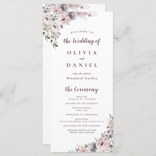 Stoffig roze boho florale rustieke bruiloft progra menu (Voorkant / Achterkant)