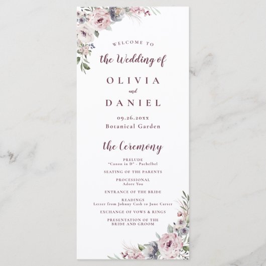 Stoffig roze boho florale rustieke bruiloft progra menu (Voorkant)