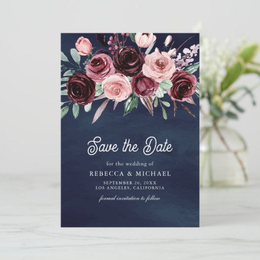 Stoffig Roze Bourgondië Bloemen Marine Blauw Huwel Save The Date (Staand voorkant)