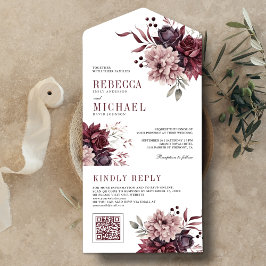 Stoffig Roze Bourgondië Bloemen QR Code Bruiloft All In One Uitnodiging