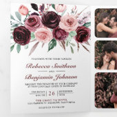 Stoffig Roze Bourgondië Bloemen QR Code Bruiloft Drieluik Uitnodiging (Binnenzijde eerst)