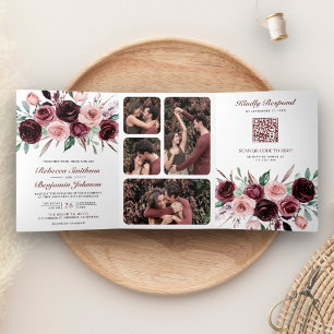 Stoffig Roze Bourgondië Bloemen QR Code Bruiloft Drieluik Uitnodiging