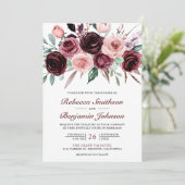 Stoffig Roze Bourgondië Bloemen QR Code Bruiloft Kaart (Staand voorkant)