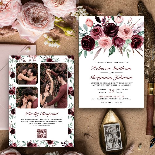 Stoffig Roze Bourgondië Bloemen QR Code Bruiloft Kaart