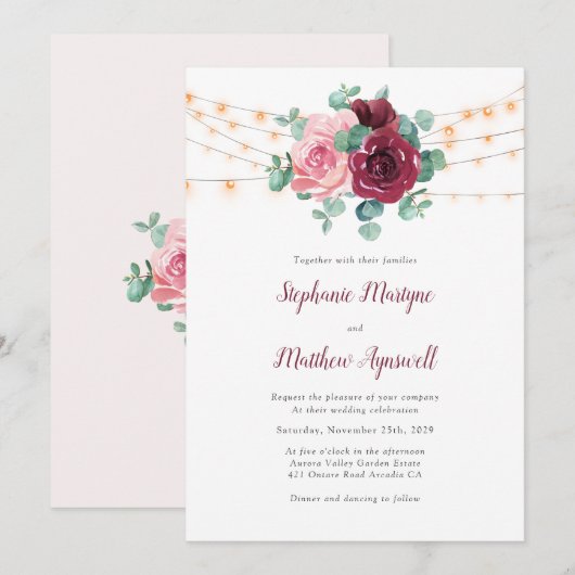 Stoffig Roze Bourgondië Eucalyptus Lights bruiloft Kaart (Voorkant / Achterkant)