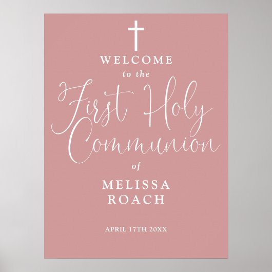 Stoffig roze eerste communie welkomstbord poster (Voorkant)