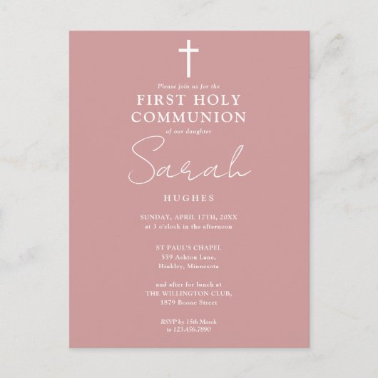 Stoffig roze eerste heilige communie uitnodiging (Voorkant)