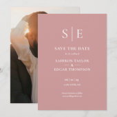 Stoffig Roze Elegant Monogram Foto Bruiloft Save The Date (Voorkant / Achterkant)