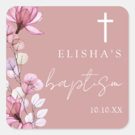 Stoffig Roze Elegante Moderne Bloem Doopsticker Vierkante Sticker