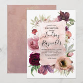 Stoffig Roze en Bourgondische Bloemen  Baby shower Kaart (Voorkant / Achterkant)