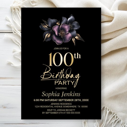 Stoffig Roze en Grijze Bloemen 100ste Verjaardagsf Kaart