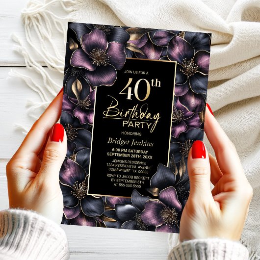 Stoffig Roze en Grijze Bloemen 40ste Verjaardagsfe Kaart